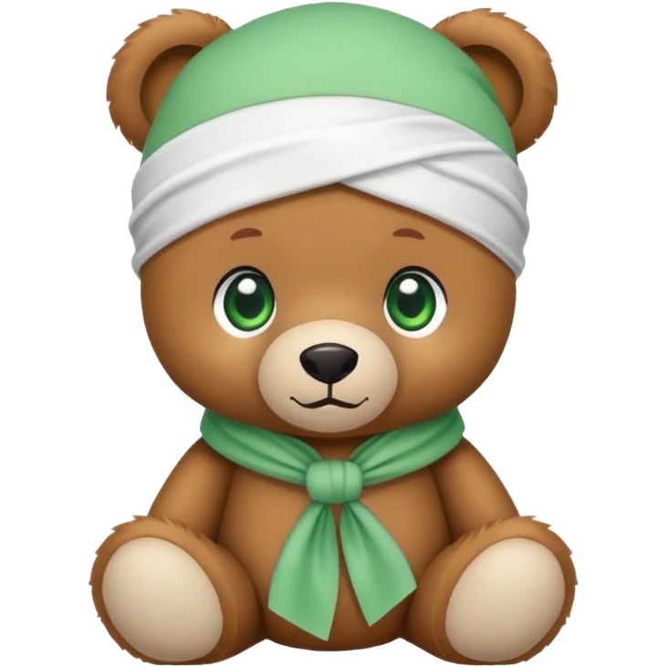 Cute brown teddy bear with innocent green eyes wearing a white wave durag perfectly tied, iOS emoji style emoji