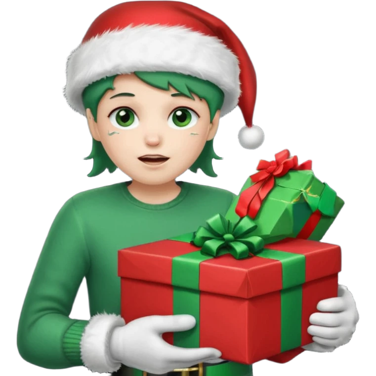 appears to be a naughty list with the words "NAUGHTY" written on top of it. It is sad with tears and wearing a Santa hat and has green boots and gloves. It is holding a present-looking chest in it's hands with coal inside. emoji