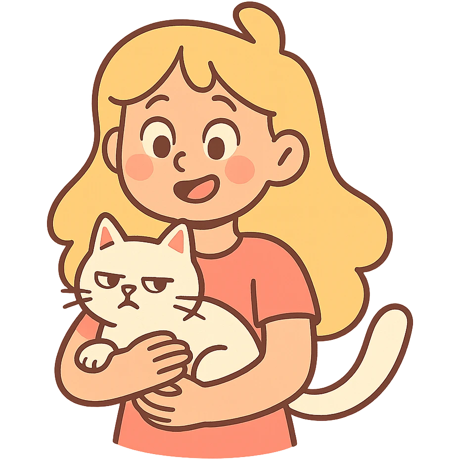 blonde girl holding a white cat, soft pastel style emoji