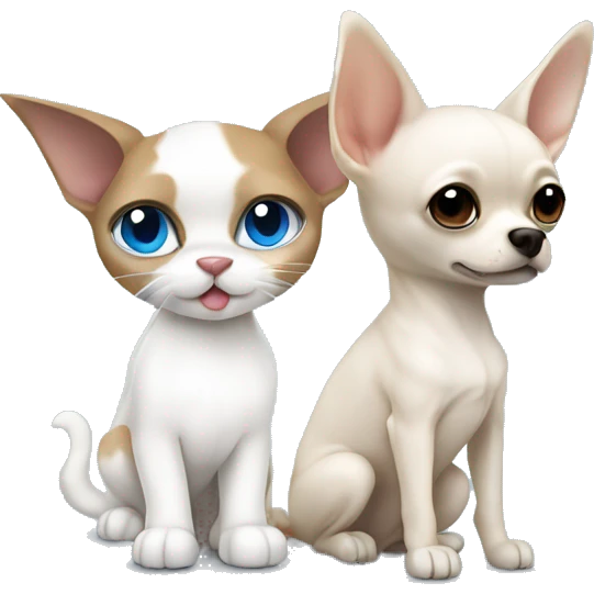 white cat blue eyes standing next to tan chihuahua with dark eyes  emoji