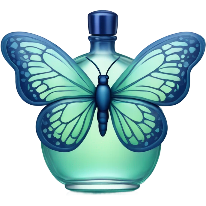  pastel green butterfly resting on an elegant blue perfume bottle with fork dark blue details. emoji