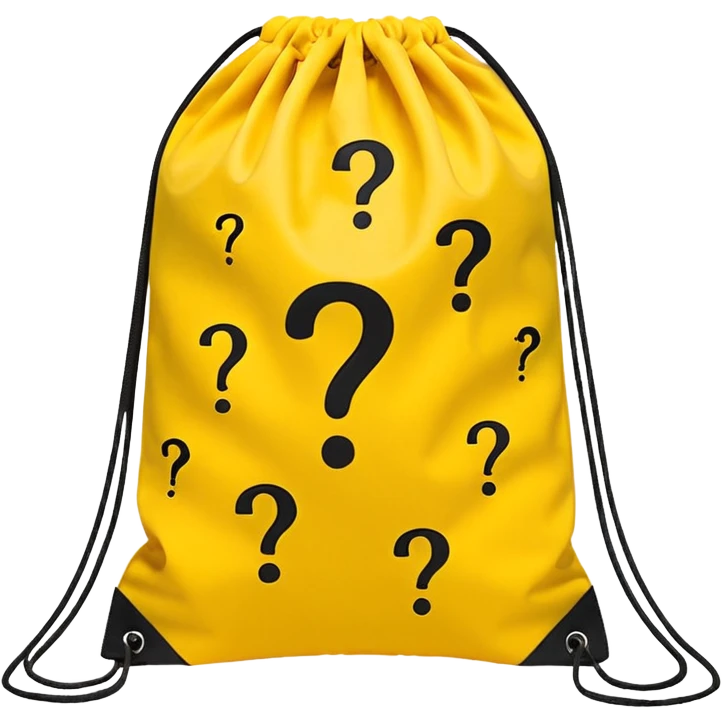 drawstring bag printed with overstuffed with yellow question marks emoji