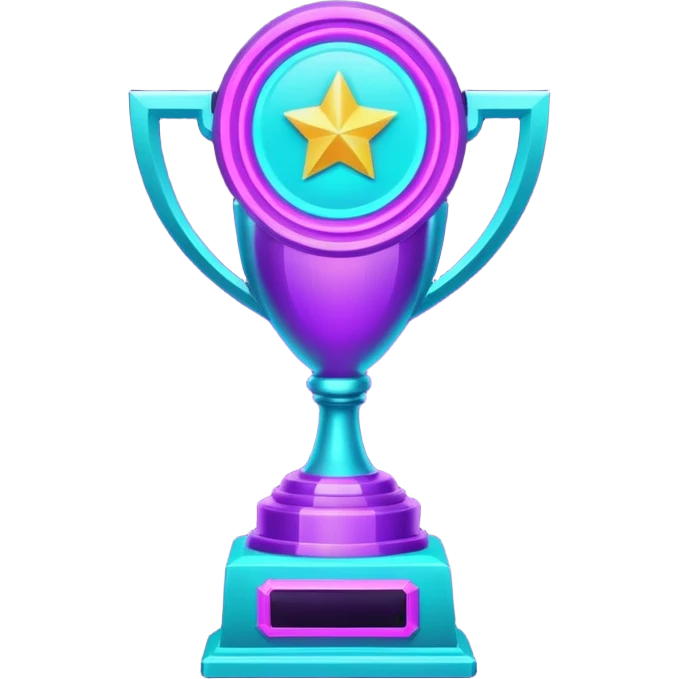 futuristic glowing neon trophy beside, purple and cyan glow, dark background emoji