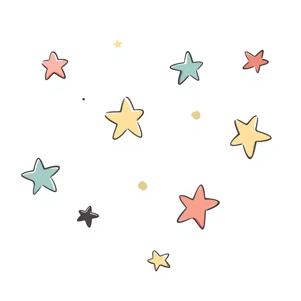 glittery sparkling stars in various sizes in pastel colors dd9fb0 ffc6d3 a3bfc9 c4bee2 f1b091, hand-drawn doodle style emoji
