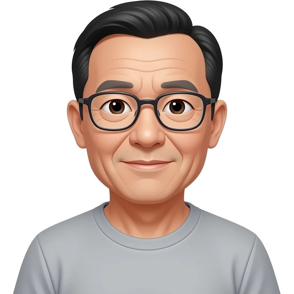 Chinese 75 years old with thin black hair parted on left side with glasses no facial hair round face wearing a t shirt emoji