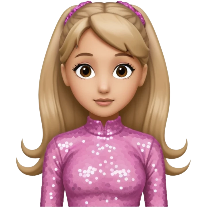 Ariana Grande with long dark blonde ponytail hair, light pink sequin outfit emoji