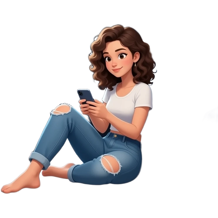 adolescente mujer morena que usa jean roto, pelo con rulos,sentada en el piso de una habitación desordenada, con ventana medio cerrada, colores oscuros, poster de musica en la pared,fotos con amigas,en el centro de una habitación, usando el celular,elementos que representen: música,  alimentación emoji