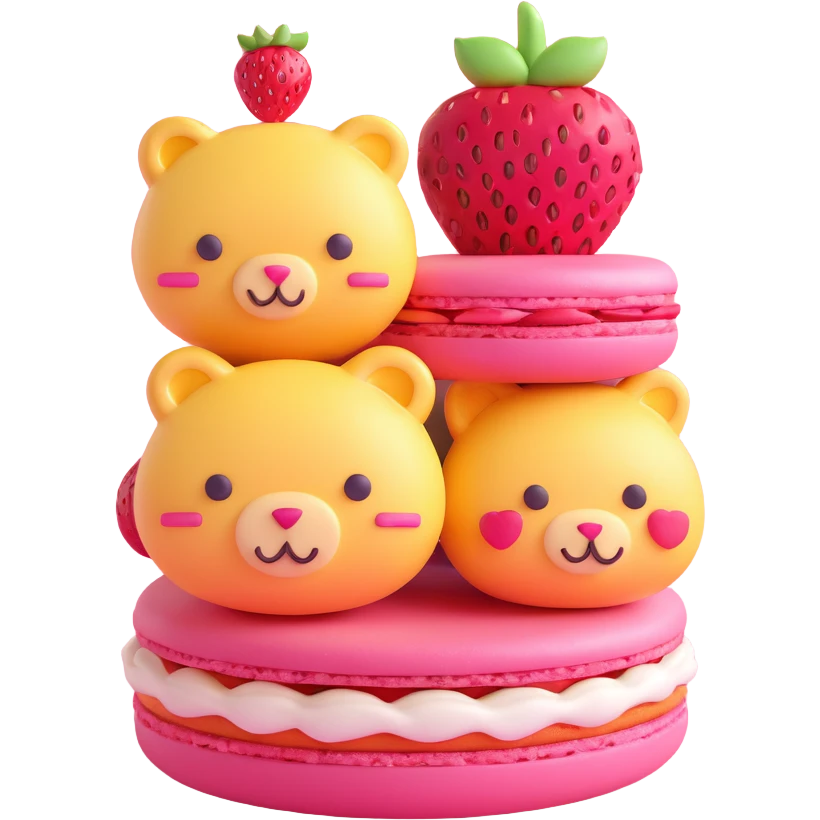 A 3D iOS style emoji of a pink macaron with a strawberry on top and three cute animals peeking out from between the layers. The macaron should have a glossy finish and soft shadows, with a light pink background and small yellow stars scattered around. emoji