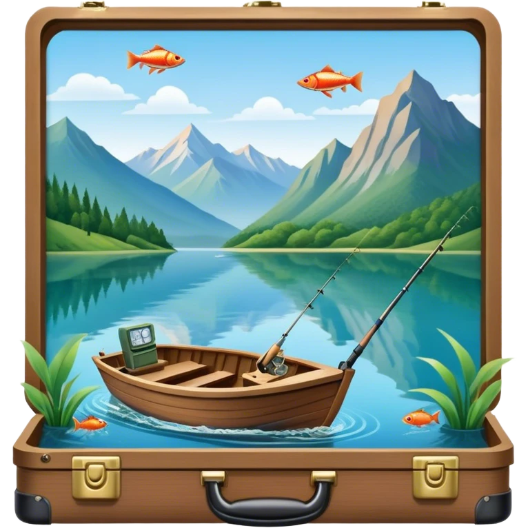 Icon for Fishing Travel: a boat on a calm lake surrounded by mountains and lush greenery, with fish jumping out of the water, a fishing rod, tackle box. The icon should capture the peaceful and adventurous nature of fishing trips. Transparent background. emoji