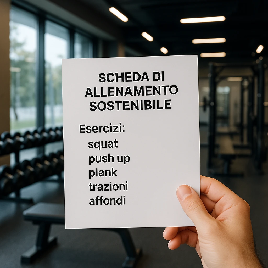 Edit the image to remove the 'Consigli' section from the text on the paper. Keep only the text: 'Scheda di allenamento sostenibile', 'Esercizi: squat, push up, plank, trazioni, affondi'. The sustainability refers to the training path, not eco-friendly elements. Maintain a hyperrealistic style, 4K resolution, modern gym setting. emoji