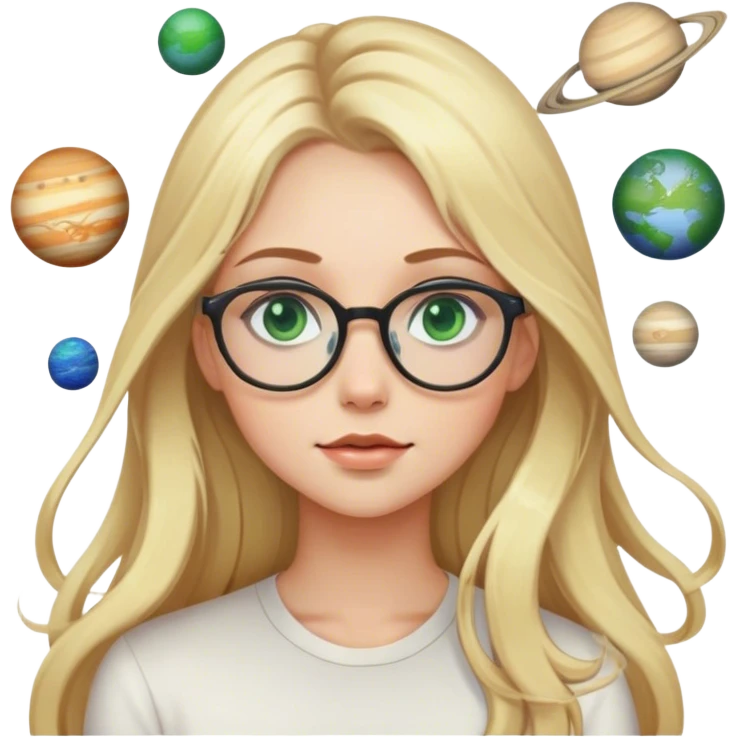 A blonde girl with long hair green eyes and glasses with many planets around her emoji