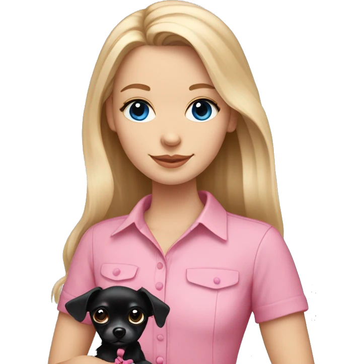 White girl with medium length blonde hair and blue eyes wearing a pink shirt holding a long haired black chihuahua wearing a pink bow emoji