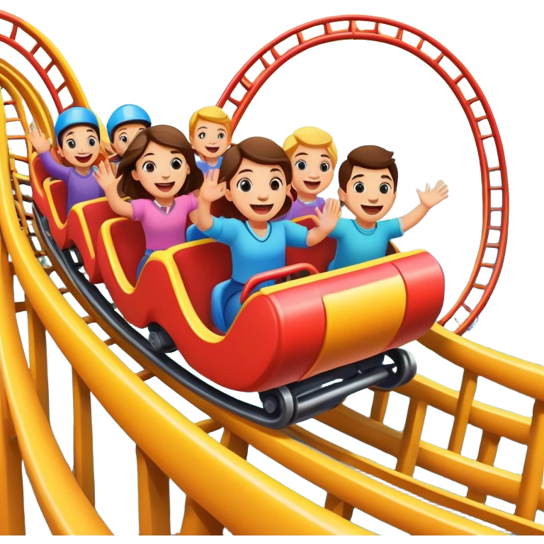 roller coaster with people riding, cheerful expressions emoji