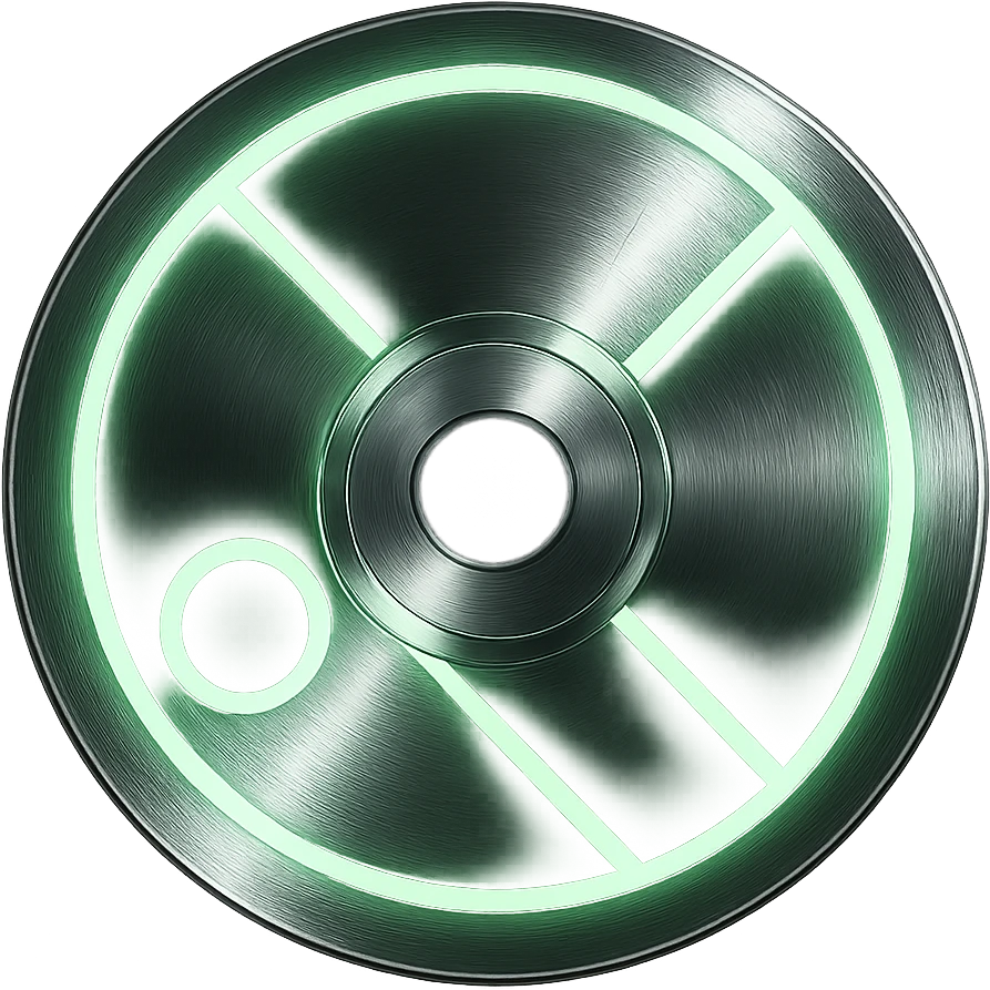 A minimalist CD disc with geometric pattern, glowing effect, green color, chrome style, with a reflective surface. emoji