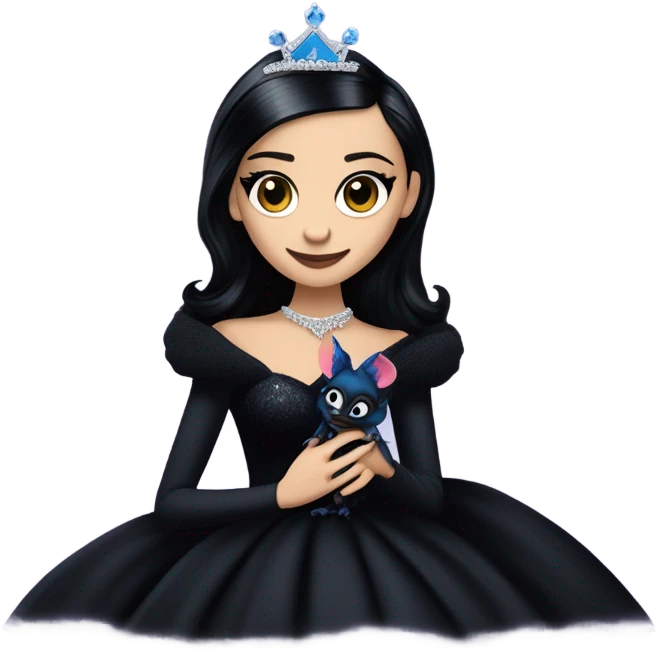relaxed low-cut slinky black evening ball gown with lace gloves, Jenna Ortega as Morticia Addams wearing a mini diamond tiara showing off a cute blue horned dragon ventriloquist puppet emoji