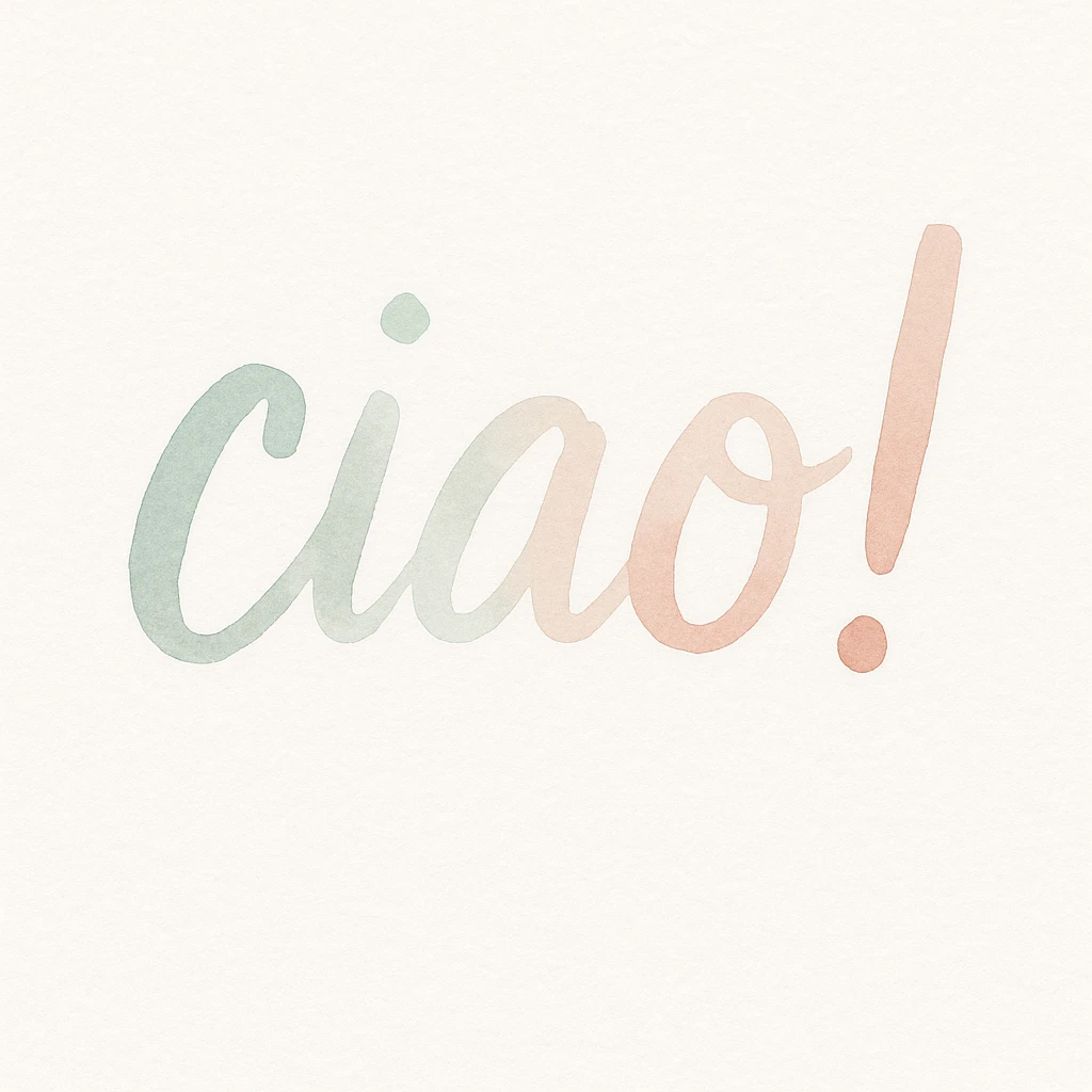 Calligraphic text 'ciao!' in handwritten style on white background in watercolor style with white, green, and pink pastel tones emoji
