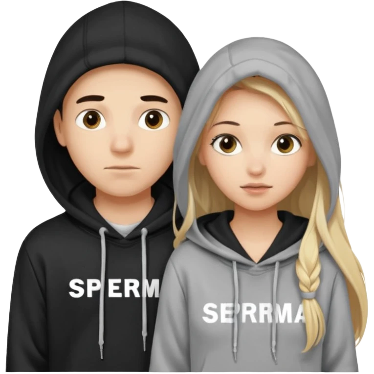 chce by to byla taka emotka 🙍‍♂️
chlopaka z czarnymi losami i czarna bluza z białym napisem "sperma" na srdoku.  zeby za nim stala taka ladna blondynka z dlugaimi wlosami i ona ciagnie za sznurek od
kaptura od bluzy tej pierwszej osobyl. dziewczyna ma szarą bluze emoji
