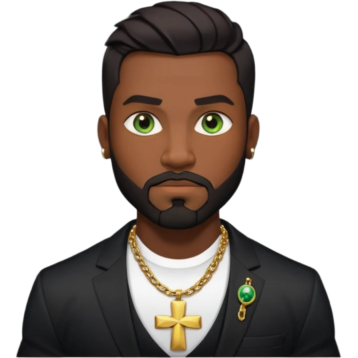 green eyes, dark short hair, muscular shoulders, wide cross, gold chain, big lips big nose big eyes, masculine good looking, dark beard wearing a suit emoji