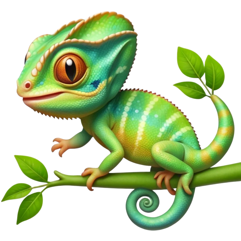 cinematic cute-smiling baby chameleon-realistic emoji,-blending-with-vibrant-greenery.-detailed-scales-in-shifting-colors,-showing-the-chameleon’s-ability-to-camouflage.-soft-natural-light-highlights-its-texture.-light-background, zoomed into its face emoji