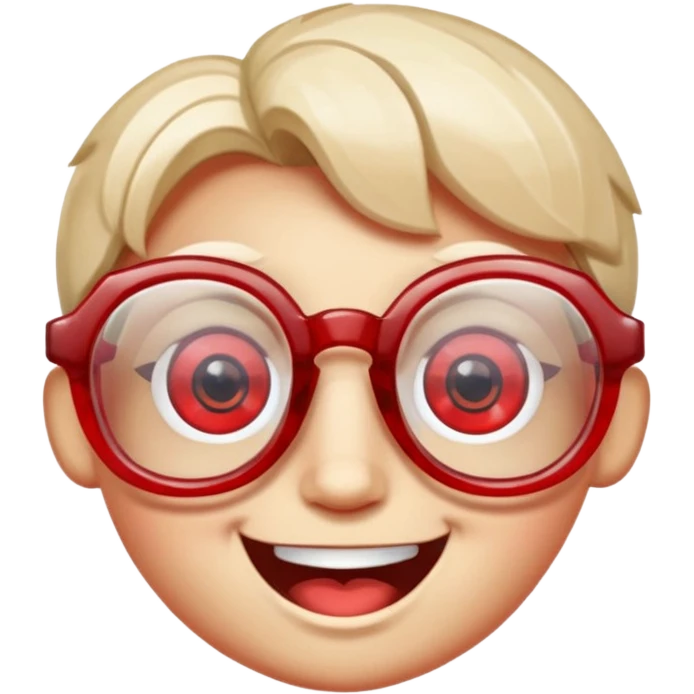 A single crystal gemstone character wearing glasses, chunky and irregular with faceted sides, [red], big glossy eyes behind the glasses and a wide happy smile, , high detail, soft lighting, centered on a plain dark background emoji