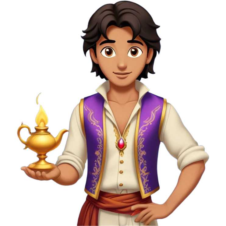 Cinematic Realistic Aladdin Portrait, depicted with lifelike, warm skin textures and a confident yet approachable gaze. His dark, wind-tousled hair frames expressive eyes full of adventure and kindness. Dressed in his iconic vest and loose trousers with intricate detailing, he holds a subtle glimmer of a magic lamp, all rendered under soft natural lighting with a radiant glow that captures his resourceful spirit. emoji