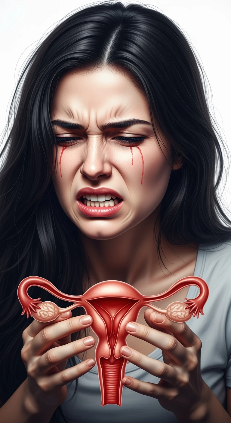 donna con utero umano realistico in evidenza dolorante, espressione di dolore in volto, sfondo bianco, iperrealistica 4k emoji