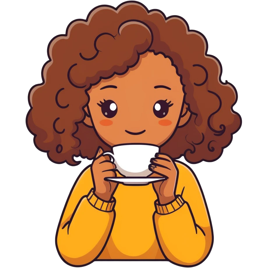 Curly hair brown girl drinking tea emoji