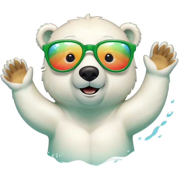 friendly anthropomorphised polar bear swimming freestyle, excited expression, wearing large multicolored star-shaped glasses, no St. Patrick's Day outfit emoji