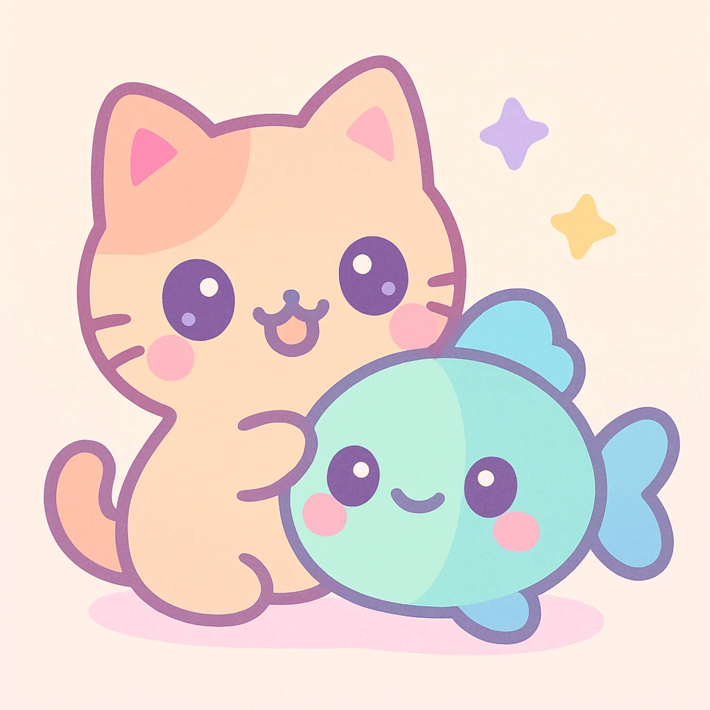 a cat and a fish together, playful and cute, in a fun kawaii style emoji