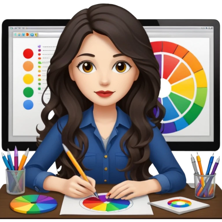 female dark wavy long hair graphic designer , color wheel, pens, papers , desktop emoji