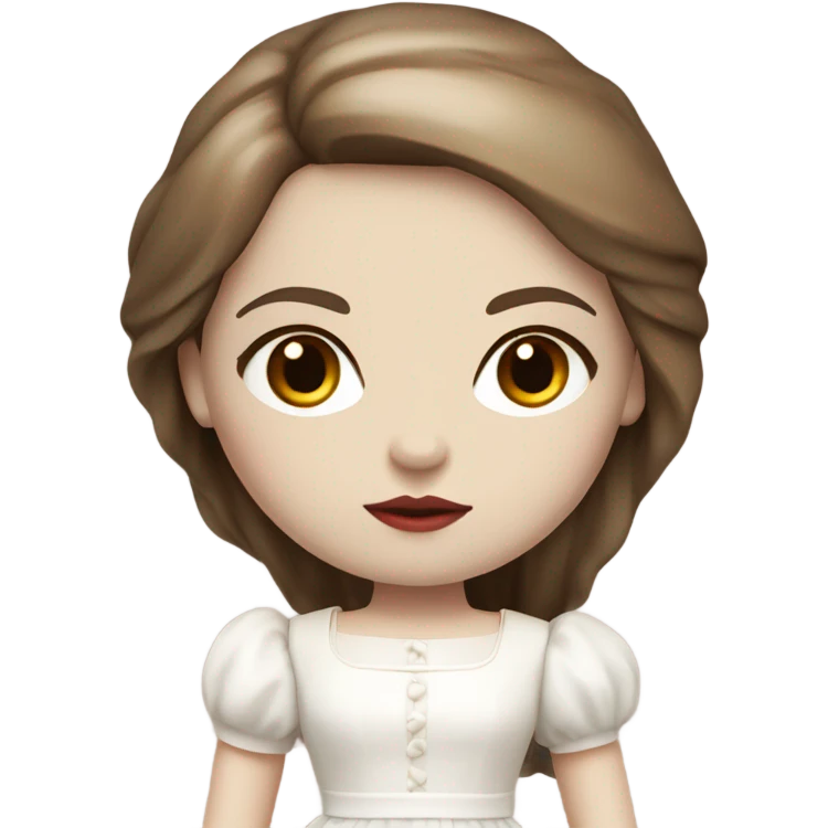 Doll with brown straight hair, wearing a white dress with red details and a serious expression. She has pale skin and a classic porcelain doll appearance. emoji