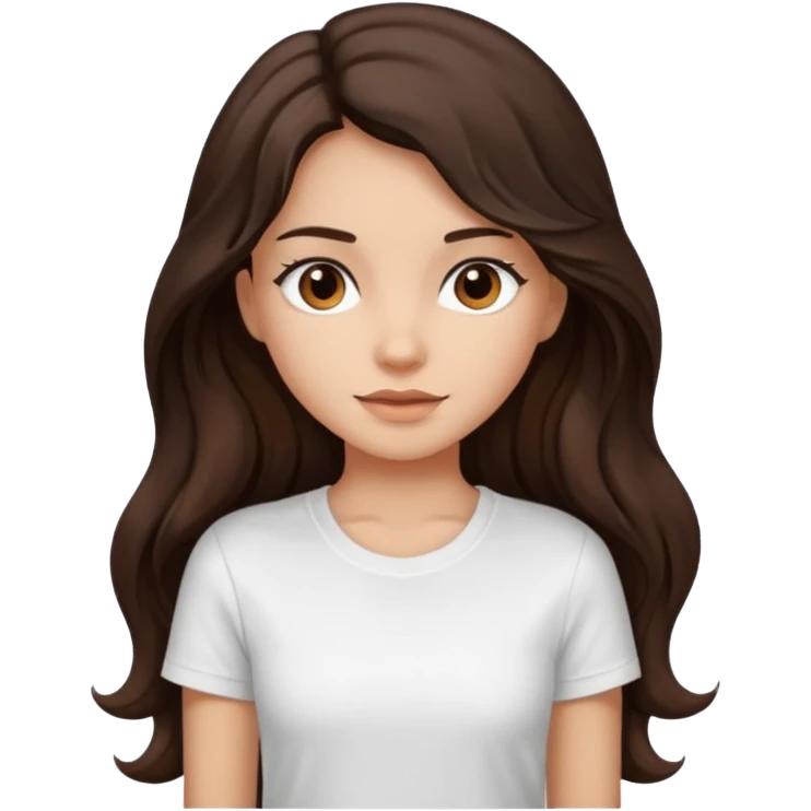 iOS style emoji. A girl with very long dark brown wavy hair. And the eyes color is dark brown. And she is wearing white t shirt  emoji