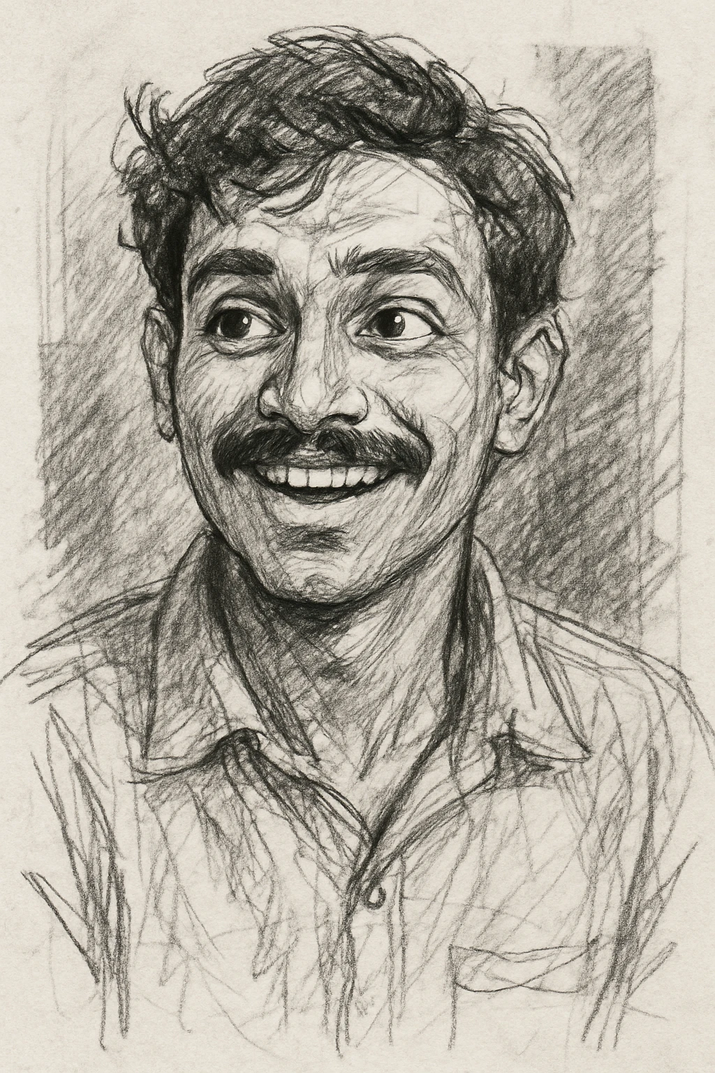 smiling, curious Indian young man with a moustache, hand-drawn sketch style emoji