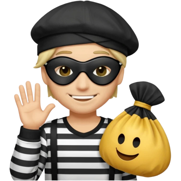 a short ios emoji-style portrait of a classic burglar, a black eye mask (looks like a blindfold) and a black-and-white striped shirt. emoji-like hair, black hat, ONE bag of money 💰 with a dollar sign in a right corner emoji