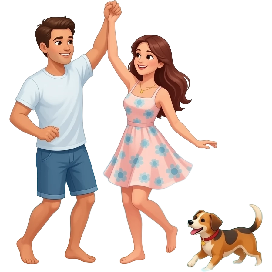 Lesbian couple dancing on the beach while their dog plays in the water emoji