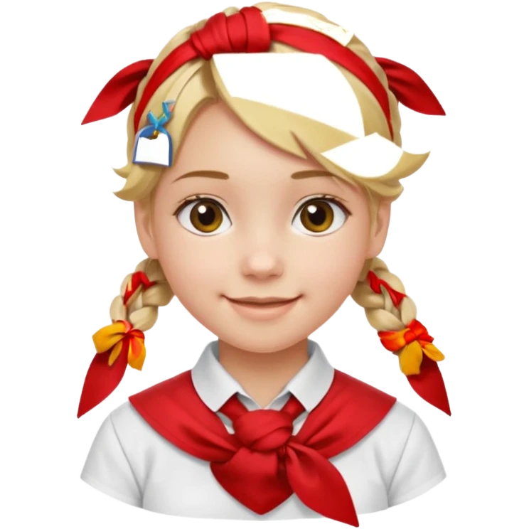 A Soviet pioneer girl emoji — smiling young girl with blonde hair tied into two short braids. She wears a white school shirt and a wide bright red pioneer neckerchief tied in a loose triangular knot at the chest (not a necktie). No suspenders, no jacket, no hat emoji