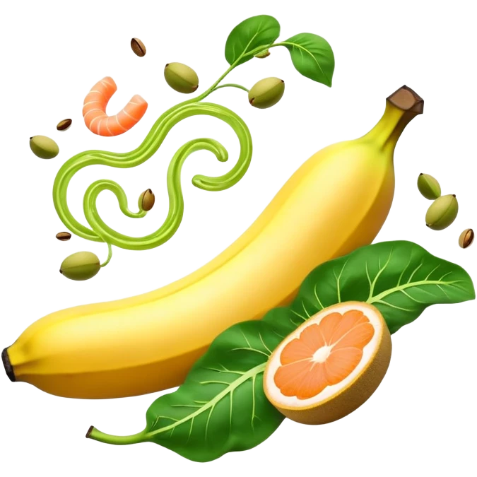 Golden banana, bright green spinach, salmon, kiwi, pistachios, and orange juice floating around a glowing nervous system and heart. Electrical waves connect these potassium-rich foods to nerves, heart and muscles, showing how they support electrical stability in the body. emoji