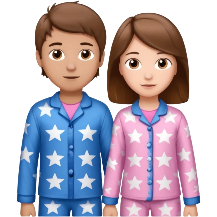 Brown haired boy with blue pajamas with stars on them and a brown haired girl with pink pajamas, and stars on them emoji