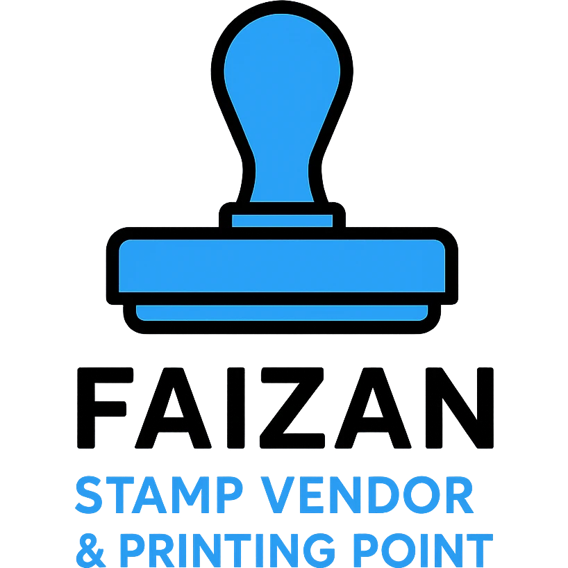 logo for 'Faizan Stamp Vendor & Printing Point', featuring a modern stamp icon, bold and professional, suitable for a printing business, clean lines, blue and black color scheme emoji