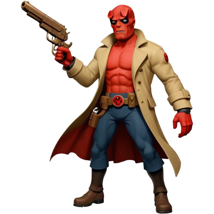 cinematic realistic superhero Hellboy by Mike Mignola jumps with a bronze pistol emoji