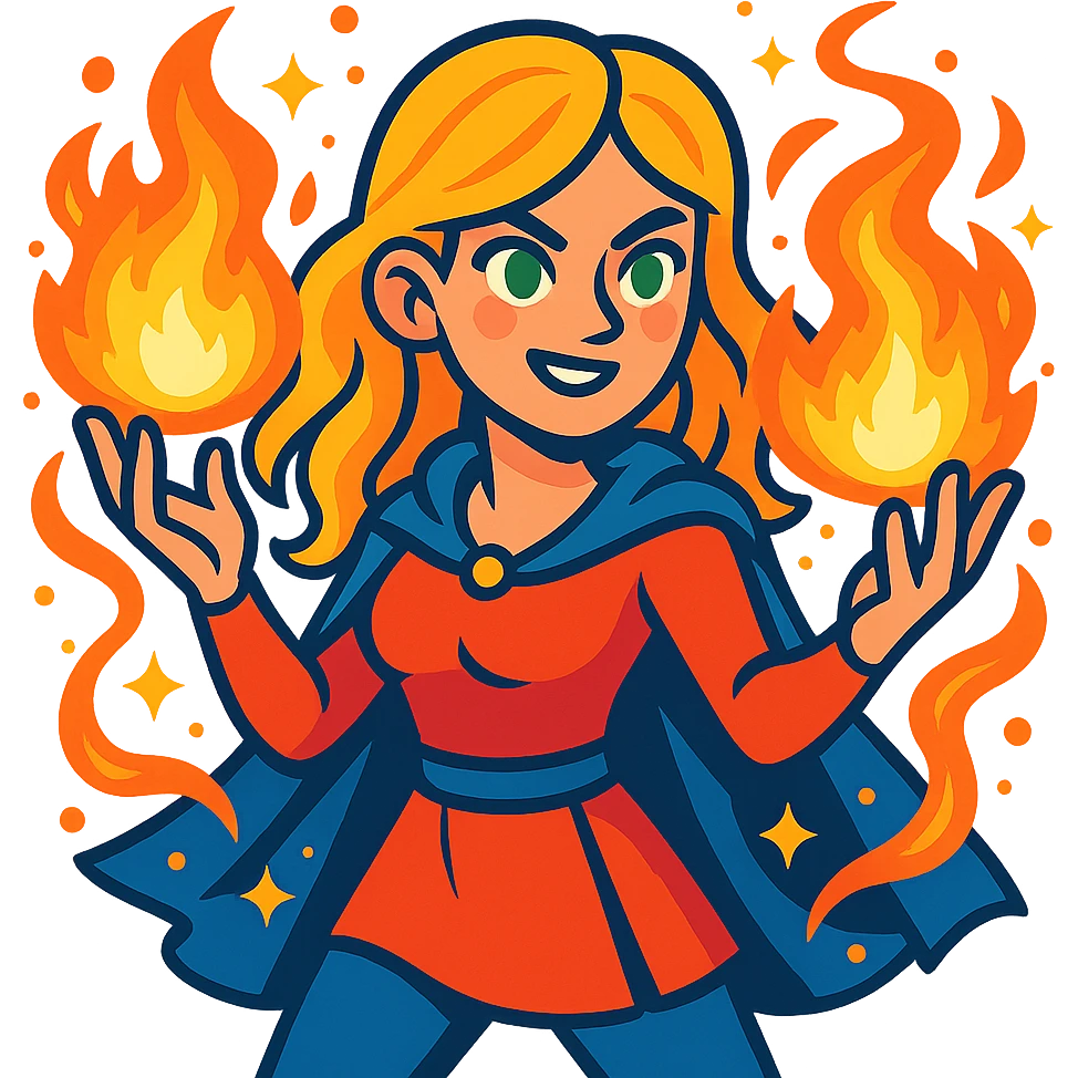 blonde woman with green eyes holding fireballs in her hands, surrounded by magical effects, vibrant toon style emoji