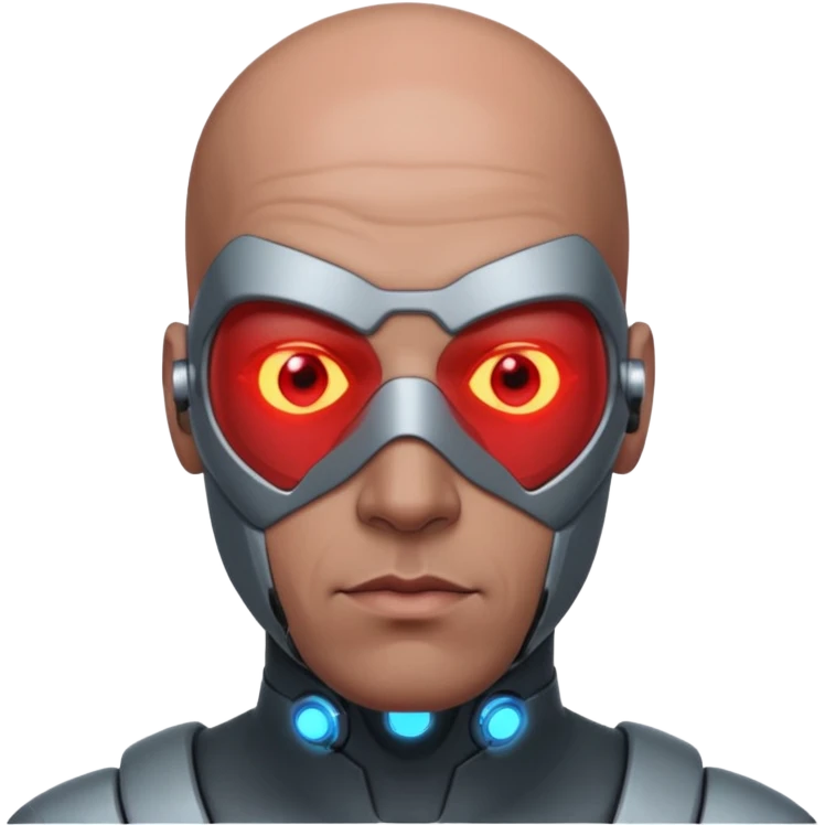 bald dark brown man, half of his face covered in cyborg upgrades such as red laser emoji