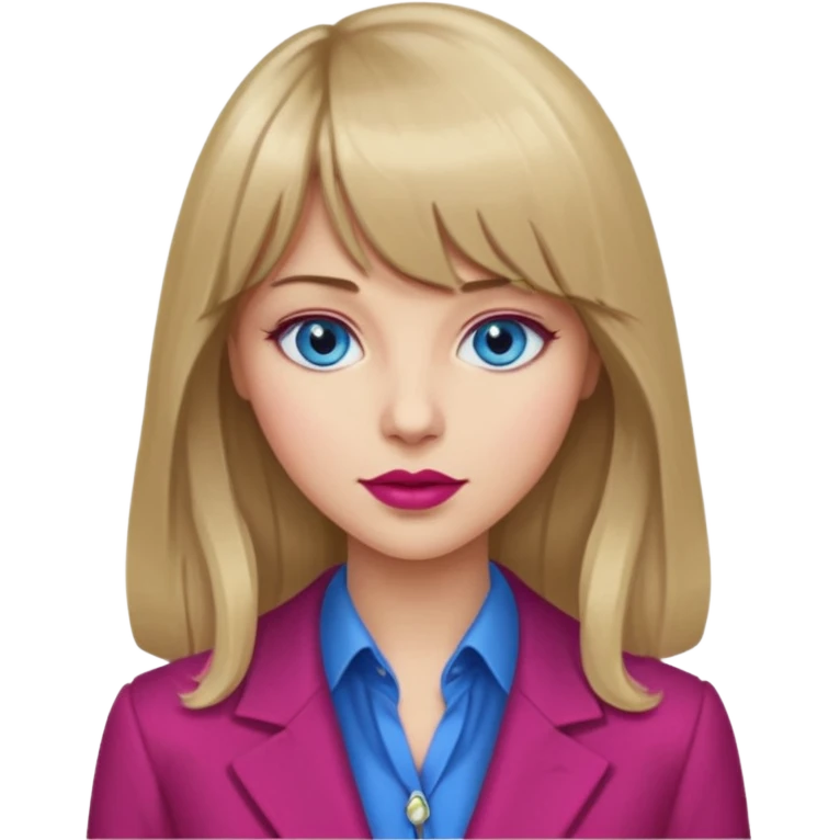 Woman with long dark blond hair and bang, blue eyes, raspberry lip, with classy clothe emoji emoji