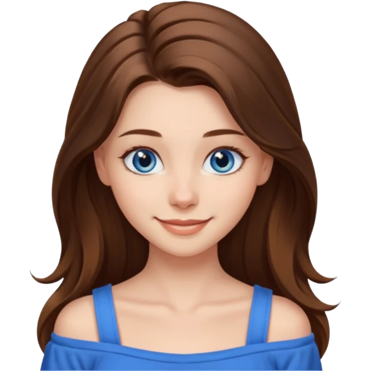 Icon of a beautiful girl with long brown hair, blue eyes, and a nice hairstyle, wearing a nice top that shows her collarbones emoji