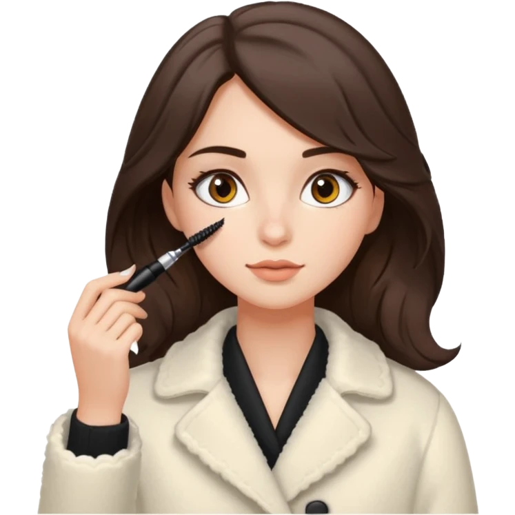 Garota branca de cabelos levemente ondulados castanhos escuros médio aplicando máscara de cílios, ela veste casaco off white estilo cozy emoji
