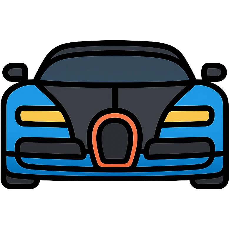 Bugatti car, front view, iconic horseshoe grille, black and blue accents, color icon style emoji