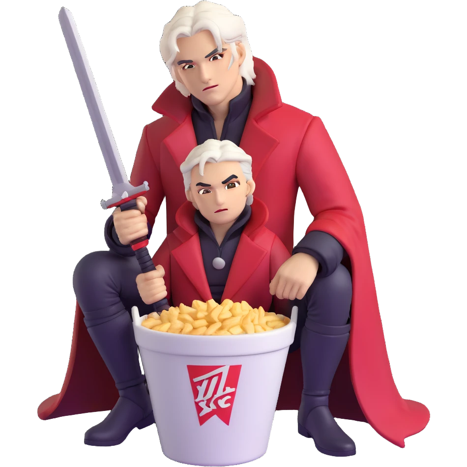 Dante from Devil May Cry sitting in a KFC bucket, red coat, white hair, rebellion sword emoji