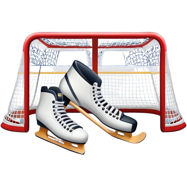 An icon showing a close-up of a hockey stick, puck, skates, and hockey net placed on the ice. The background features a packed stadium with bright lights, cheering fans, and snowy scenery outside. Transparent background highlights the key elements of the game. emoji