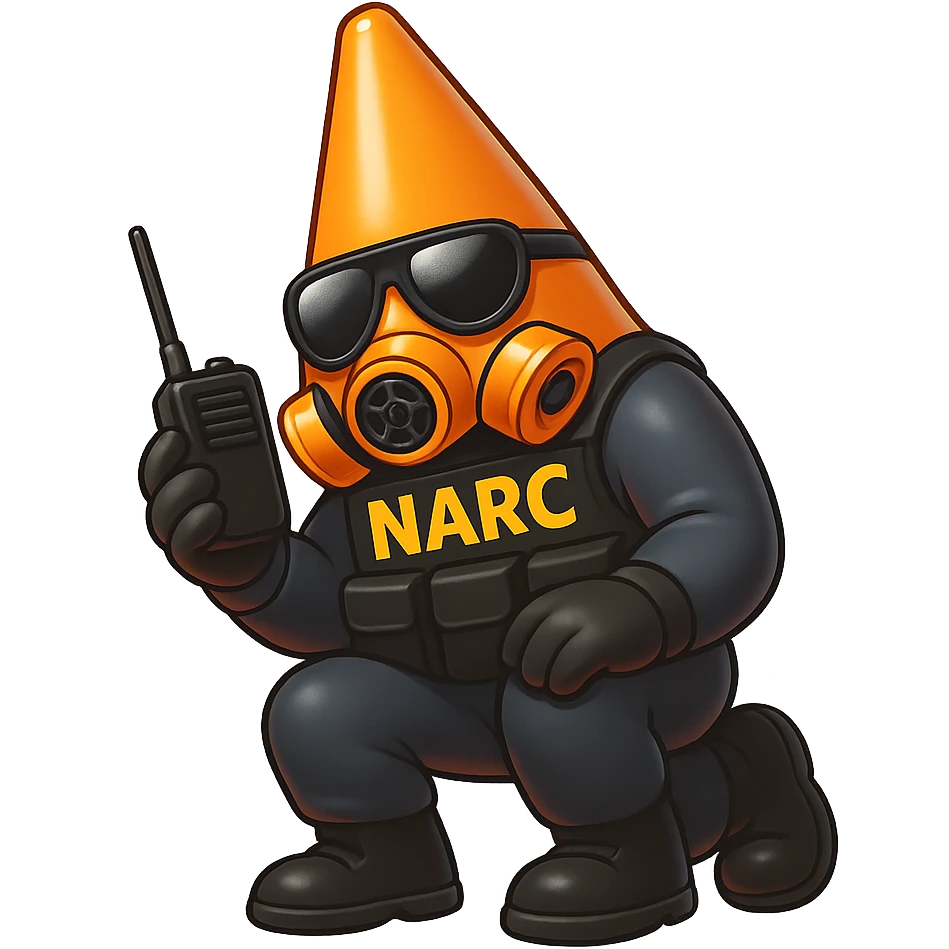 Create emoji-style variation of a pylon cone head character with a tactical vest, holding a radio, in a crouched pose. Transparent background. emoji