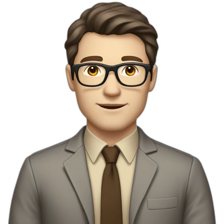 Full height Pale skinned fit man with dark brown hair in gray jacket, beige office shirt, brown tie, brown pants and vintage glasses. His right hand stretched out emoji